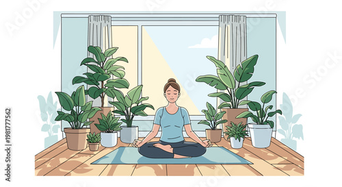 Woman Practicing Mindful Meditation Indoors Surrounded by Lush Green Potted Plants, Cultivating Inner Peace and Wellness in a Serene Home Environment