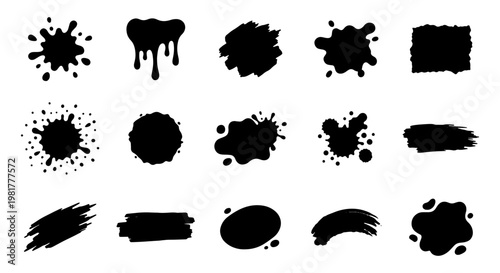 Black ink splatters and paint drips collection, 15 vector brush strokes and liquid splash elements, grunge texture blotches for graphic design