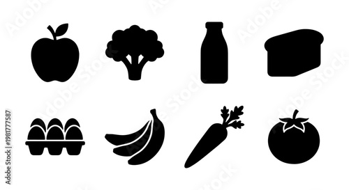 Minimalist grocery food icons set, black silhouette healthy nutrition symbols, 8 flat vector elements for supermarket and diet apps