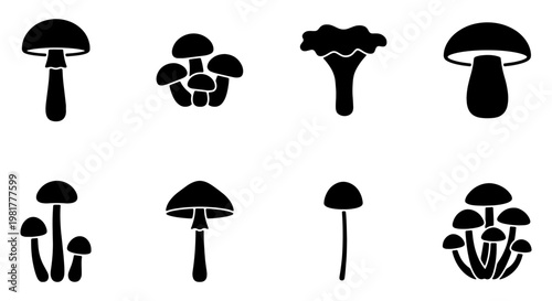Minimalist mushroom silhouette icons, set of 8 black fungus vector symbols, organic forest mushroom shapes for nature branding and culinary design