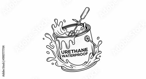 Paint can with mixer splashing liquid, text "URETHANE WATERPROOF