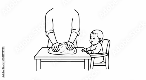 Person kneads dough on table while baby watches from highchair