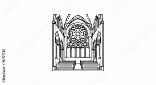 Ornate Gothic interior with rose window, arched windows, and pews
