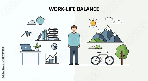 Illustrating the concept of work-life balance with a split scene depicting office work on one side and outdoor leisure on the other