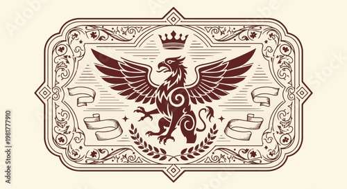 Ornate heraldic emblem featuring a crowned griffin with spread wings