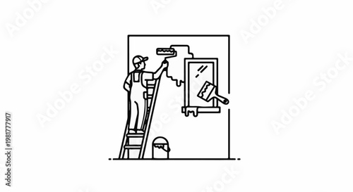 Person on ladder painting a wall with roller and brush