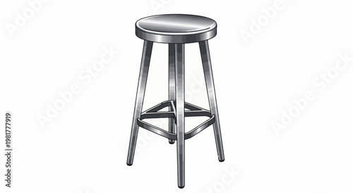 Metal three-legged stool with a circular seat and footrest