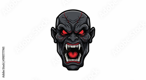 Menacing vampire face with glowing red eyes and sharp fangs