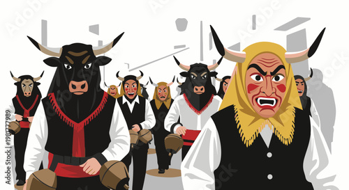 Men in cow masks and costumes parade with bells, a traditional festival