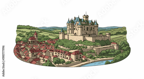 Medieval castle overlooking a village with a church by a river