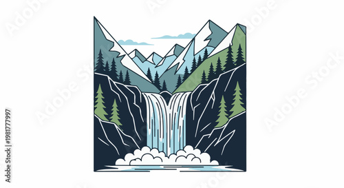 Mountain waterfall cascades down rocky cliffs with pine trees and snow-capped peaks