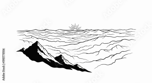 Mountainous landscape with stylized wavy water and a radiant sun on the horizon