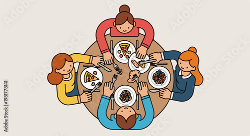 People dining together around a round table with plates of food