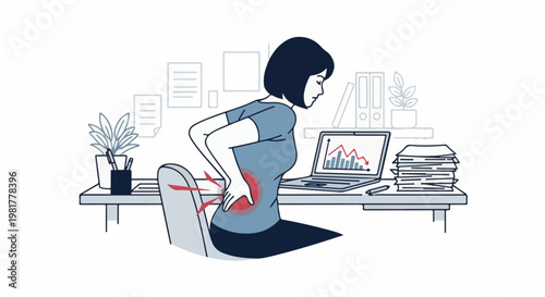 Office worker experiencing back pain, with a laptop showing declining graph