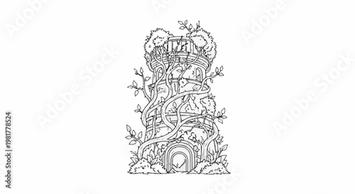 Old stone tower overgrown with vines and foliage, entrance at base