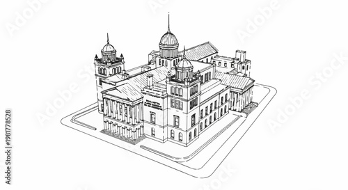 Ornate classical building with domes and columns in isometric view