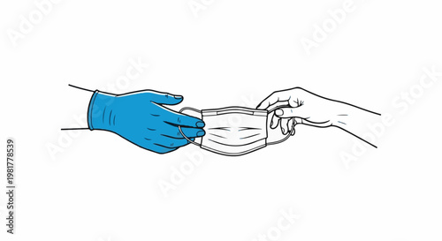 One gloved hand passes a face mask to another bare hand