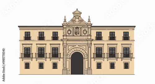 Ornate classical building with arched entryway and multiple windows