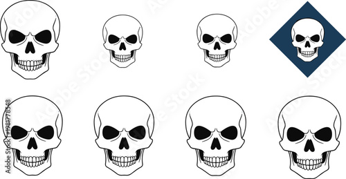 Human Skull Icon Set Featuring Minimalist Line Art Anatomy Illustrations For Halloween Horror Medical Education And Edgy Streetwear Graphic Design
