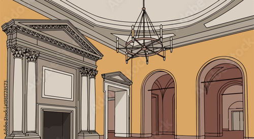 Ornate classical interior with arches and a grand fireplace