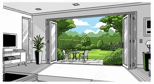 Open bi-fold doors reveal a manicured garden with outdoor seating and lush greenery