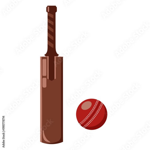 Cricket bat and red leather ball.