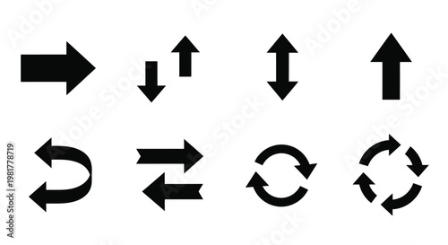 Collection of black arrow symbols depicting various directions and rotations