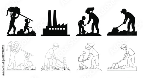 Silhouettes depicting various stages of resource extraction and manual labor