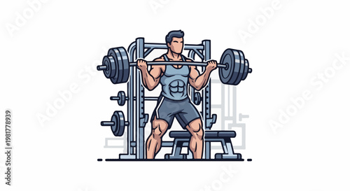 Muscular man lifting a barbell in a gym with a weight rack and bench