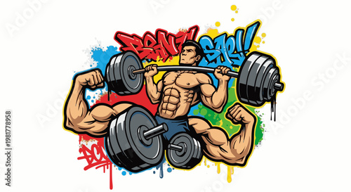 Muscular man lifting barbell with graffiti splash background