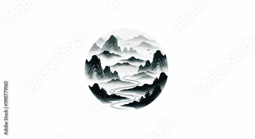 Misty mountains, winding road, and scattered trees in a circular ink wash style