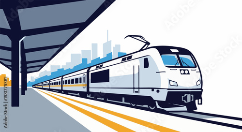 Modern train at station with city skyline backdrop