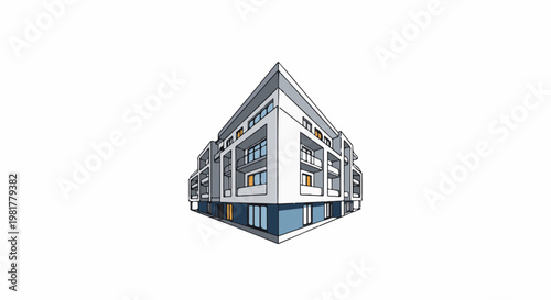 Modern apartment building with balconies on white background