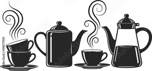 Classic tea set with vintage charm and steamy coffee pot illustration Vector