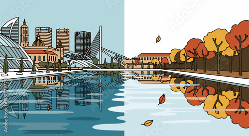 Modern architecture and autumn trees reflected in a calm body of water