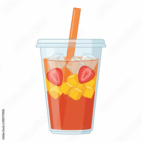 This vibrant drink features ice cubes, strawberries, and mango pieces, making a perfect refreshing treat ideal for hot summer days or parties with friends and family.