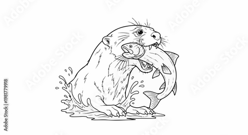 Otter emerging from water, catching a fish in its mouth