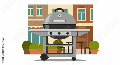 Outdoor barbecue grill set up on a patio with potted plants and buildings