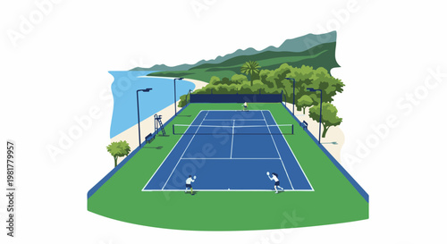 Outdoor blue tennis court beside a beach with mountains in background