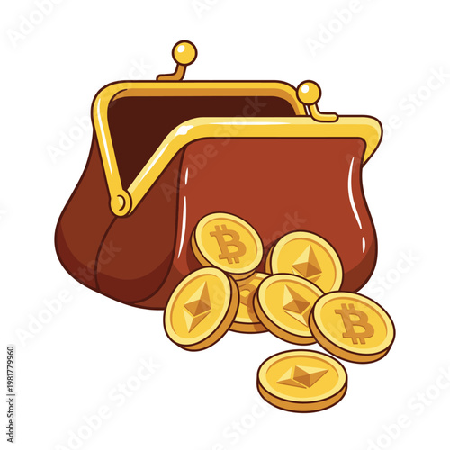 A playful illustration of a vintage purse spilling Bitcoins and Ethereum, representing the concept of cryptocurrency and its emerging financial significance in modern times.