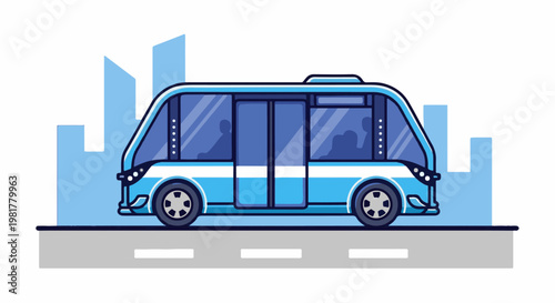 Modern blue autonomous shuttle bus drives through a stylized city skyline