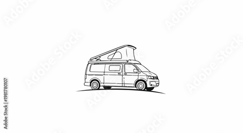 Outline drawing of a camper van with pop-up roof on a white background