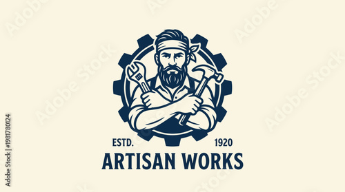 A vintage-inspired logo design showcasing a skilled artisan with tools, ideal for branding workshops, craft businesses, or DIY-focused enterprises emphasizing quality.