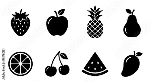 Minimalist fruit icon set with 8 black silhouettes, organic food symbols for grocery branding, flat vector fruit illustrations for menu design