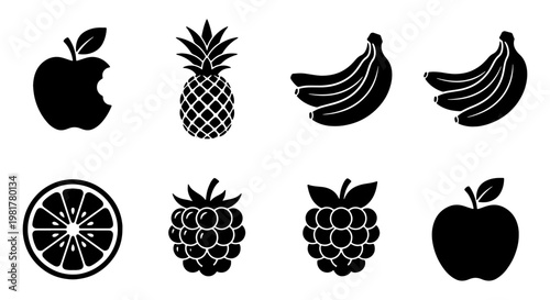 Minimalist black fruit icons set, organic food silhouettes including apple, banana, and pineapple, 8 vector elements for grocery and nutrition design