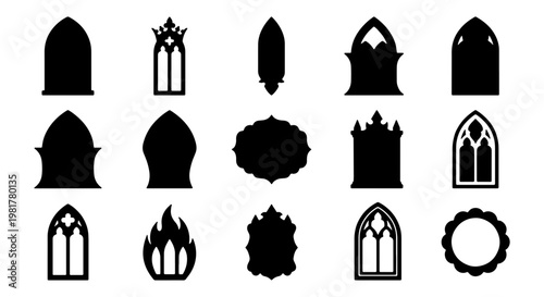 Gothic window silhouettes set, 15 black medieval arch icons, antique cathedral window frames, vintage architectural design elements vector