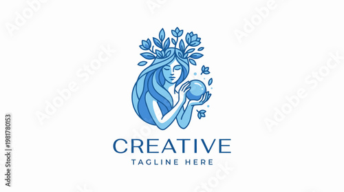 A serene illustration featuring a woman with flowing hair surrounded by lush foliage and holding a globe, symbolizing harmony between humans and nature.