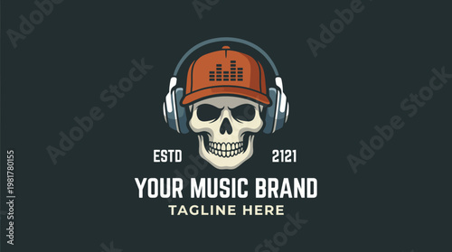A striking logo design featuring a skull wearing headphones, symbolizing the edgy music industry and capturing the raw energy and vibrancy of contemporary music culture.
