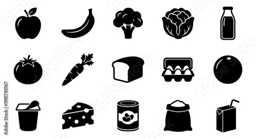 Grocery food icons set, 15 black solid vector symbols of fresh produce and pantry staples, organic vegetable and dairy product illustrations
