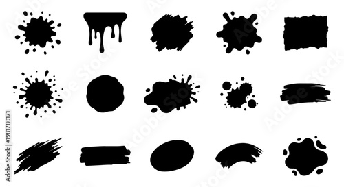 Black ink splat and paint drip collection, set of 15 grunge brush strokes and liquid splatter vectors, artistic ink blot silhouettes for graphic design